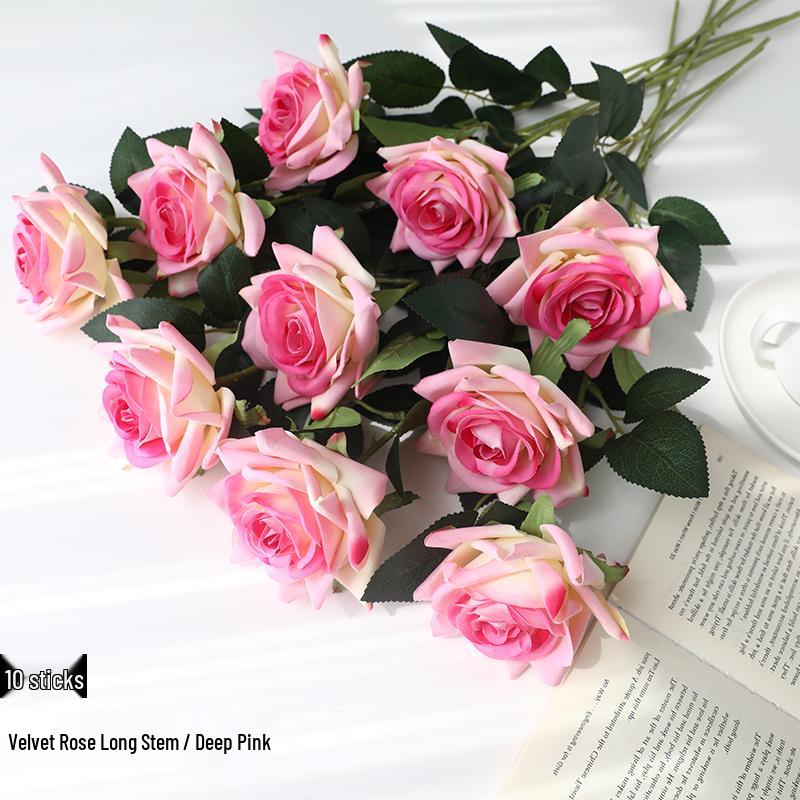Red Velvet Rose Artificial Flowers - 10 Long Stems for Living Room or TV Cabinet Decor