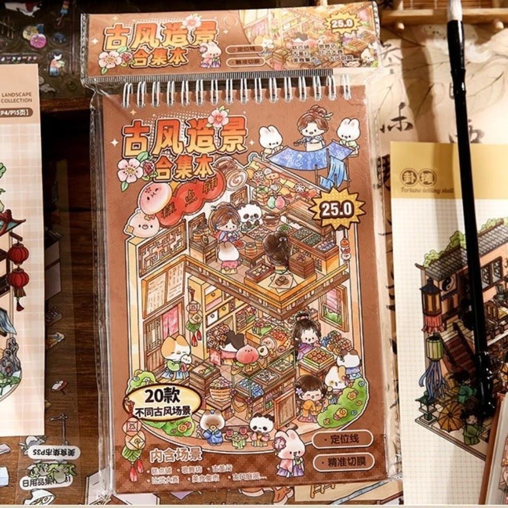 Cartoon Design Ancient-Style Stickers Cabin Scene Landscape Sticker Book Home Decor