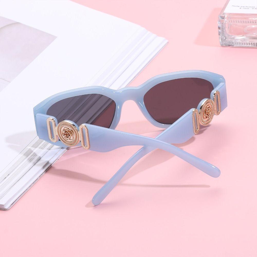 

Thick Frame Trendy Sun Glasses with Metal Rose Design Vintage Shades Irregular Sunglasses Light Blue-Black Gray