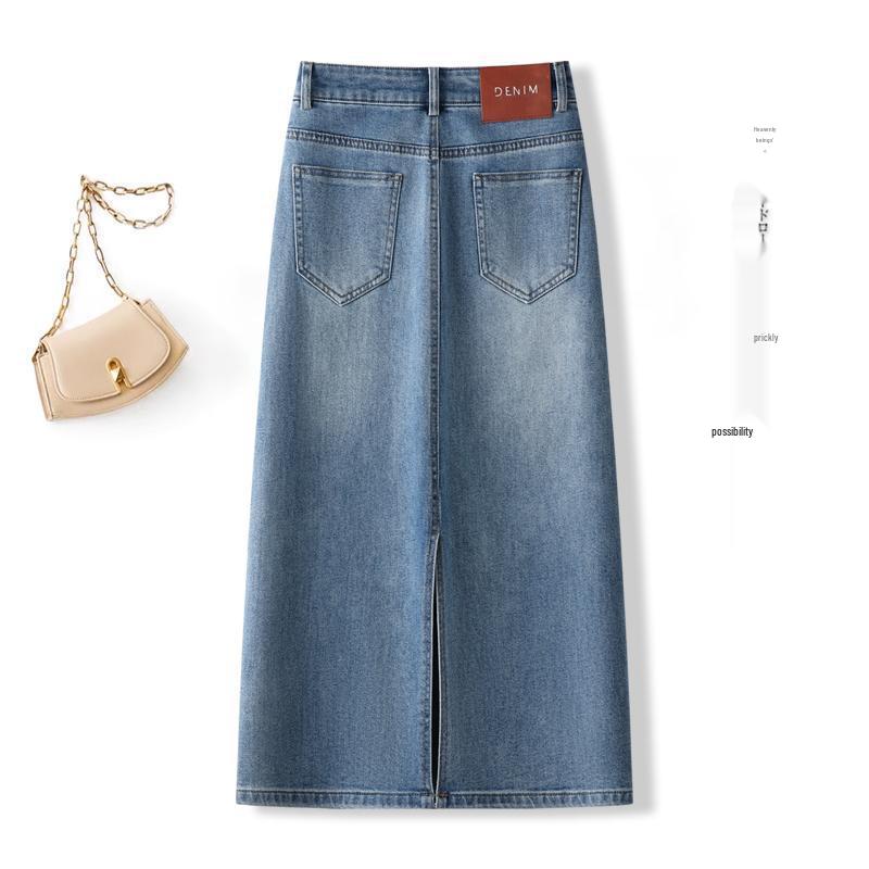 Women's High-Waisted A-Line Denim Midi Skirt with Retro Slit - Spring/Autumn 2026 Collection