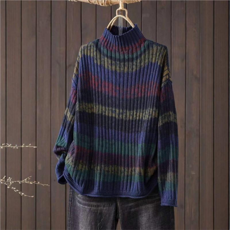 Johnature Women Vintage Striped Pullover Sweaters Mock Neck Long Sleeve Spring Long Sleeve Casual Sweaters