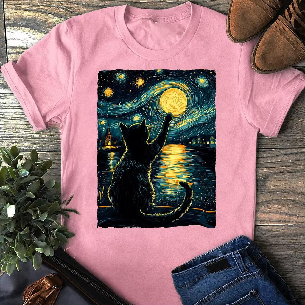 Starry Night Cat Tshirt Vincent Van Gogh Style Black Cat Lover Gift Printed Pure Cotton Tshirt Unisexs And Unisexs T Shirt