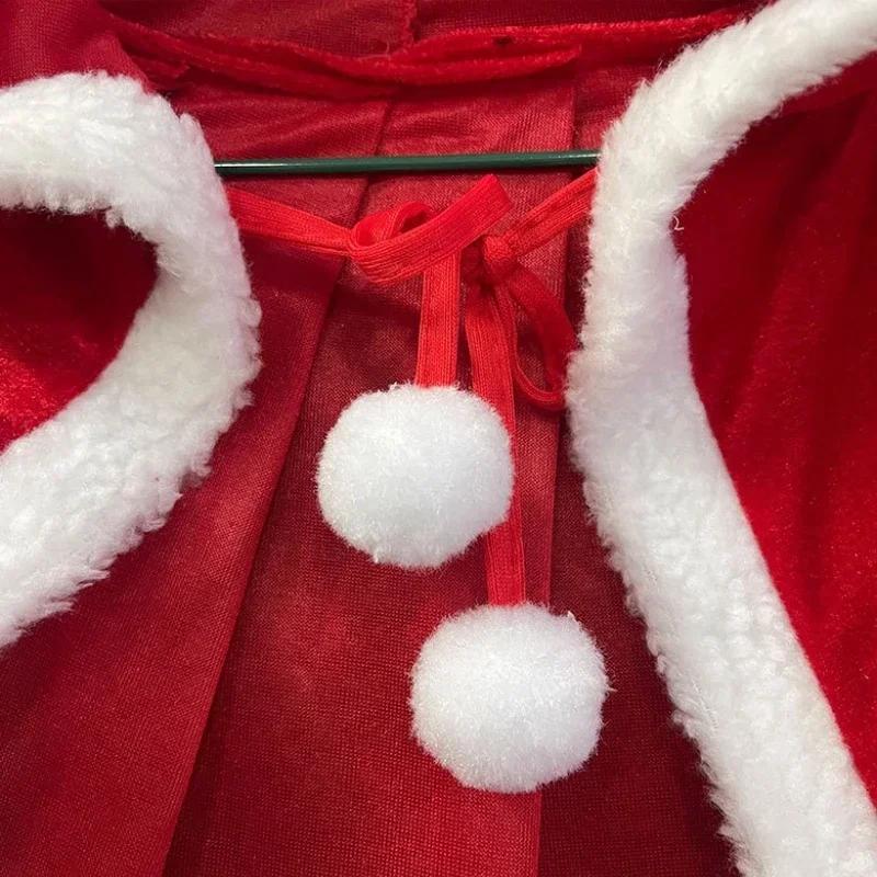 3PCS Christmas Shawl Cape Hooded Santa Claus Costume Christmas Performance Costume Red with Hat Cosplay Costume Winter Warm Coat