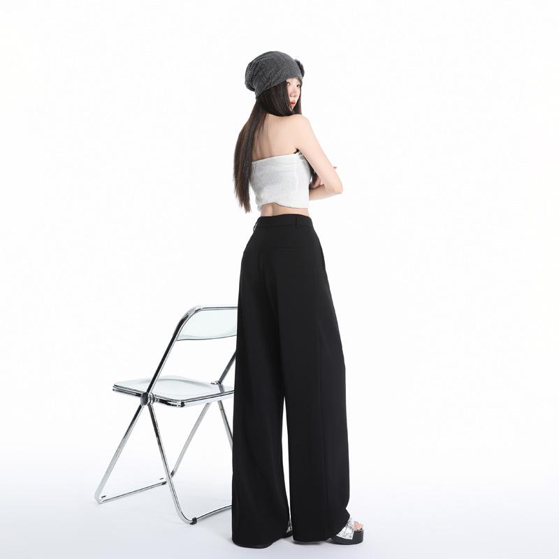 2026 Women's Black Slimming Wide-Leg Casual Pants, Plus Size, Soft Thin Fabric, Straight-Leg Design.