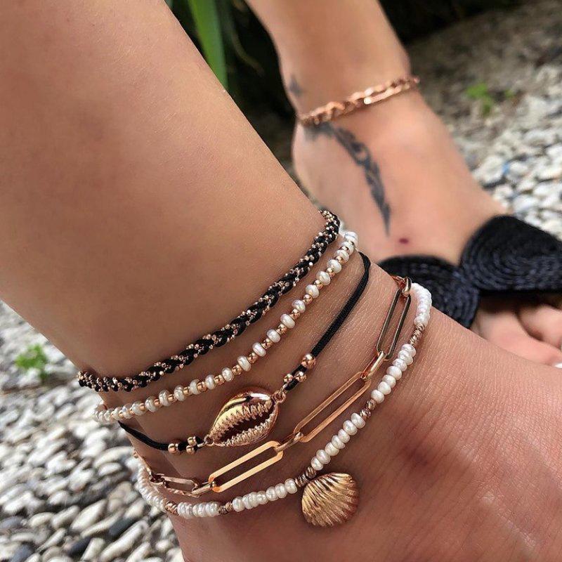 Accessories, handmade DIY rice bead shell multi-layer anklet, chain scallop anklet 5-piece set for women