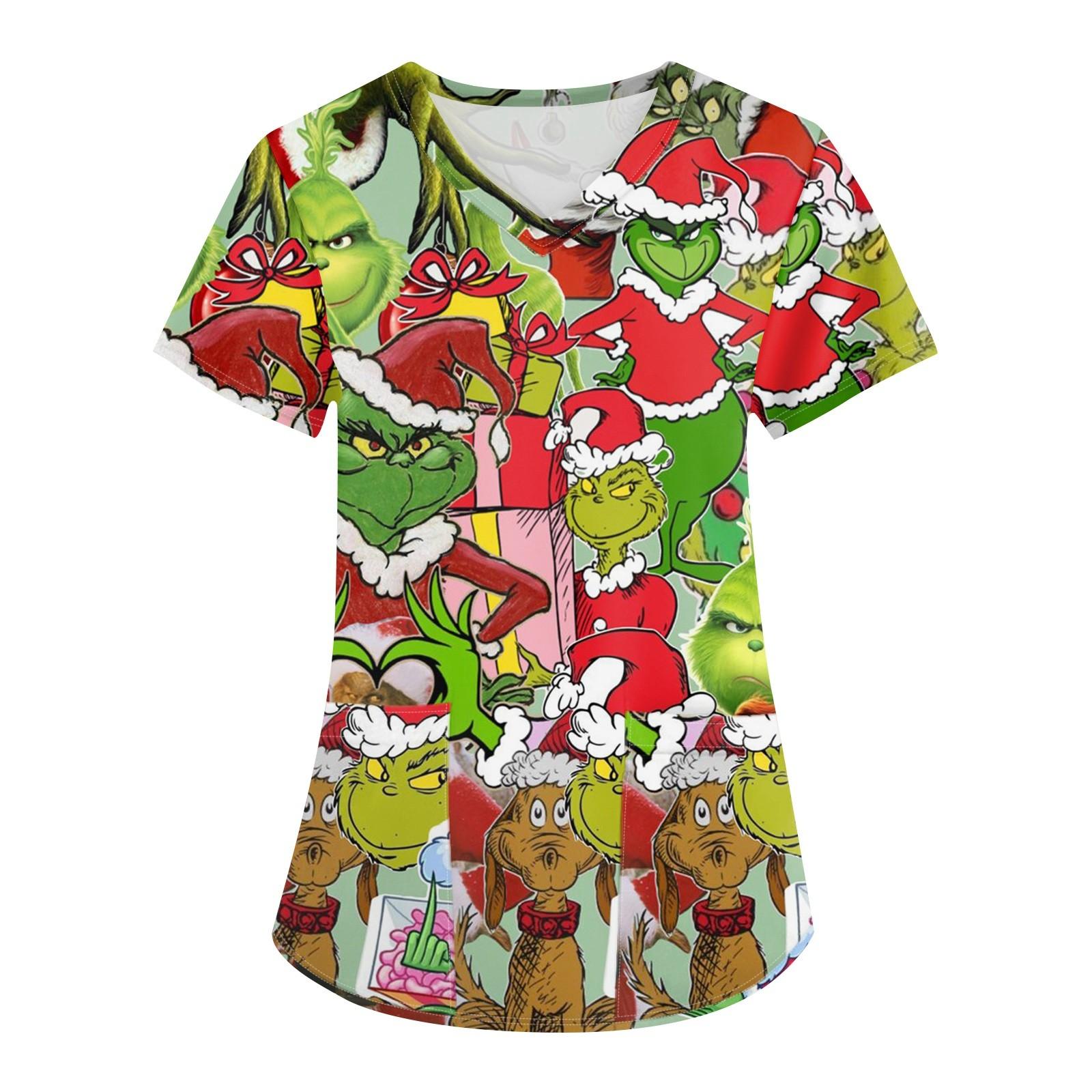 Women s Christmas Printing Uniform Work Uniform V-Neck Pocket Protective Work Uniform M красный