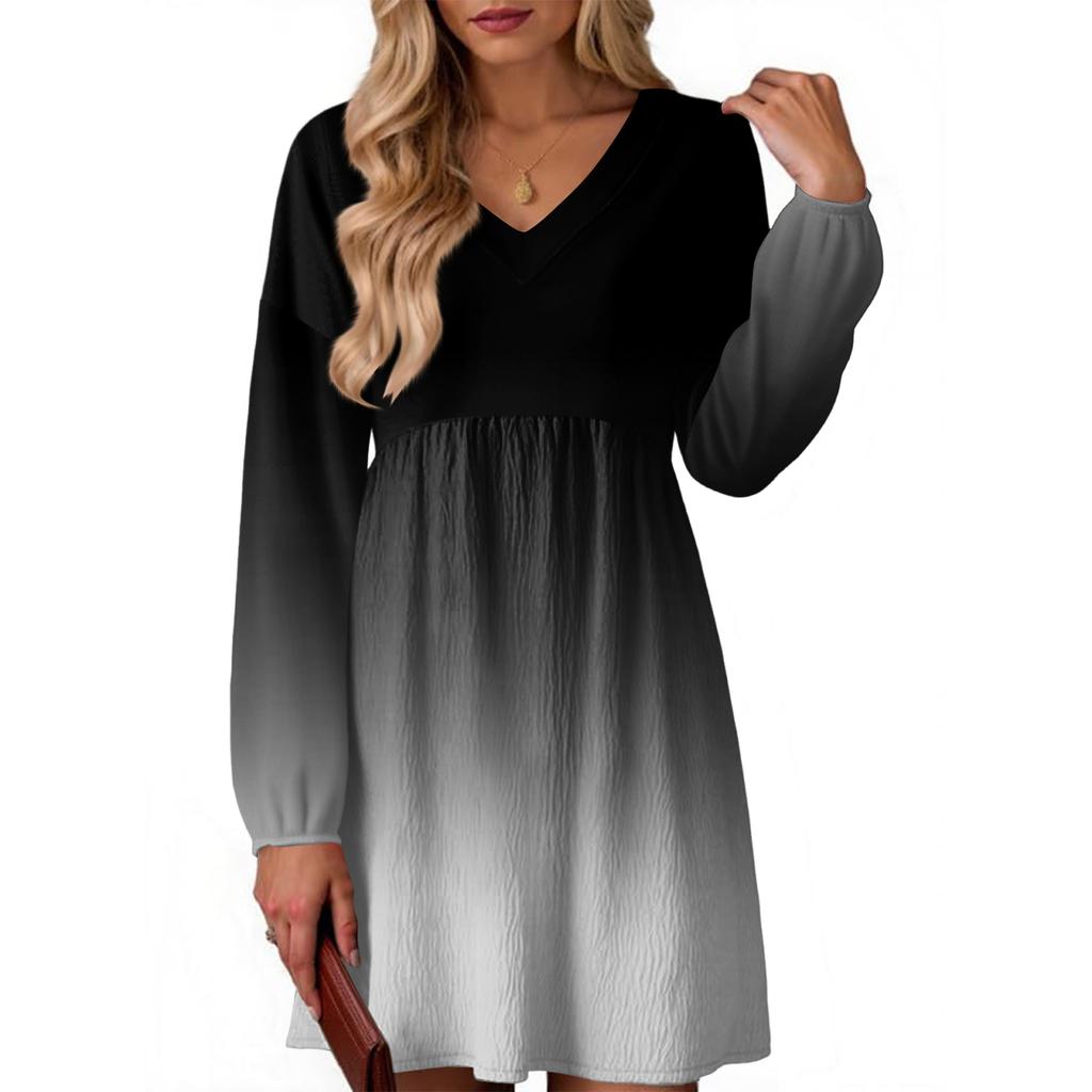 Women's Fashion Gradient V-Neck Long Sleeve Dress