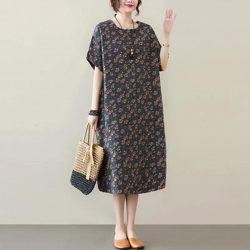 

Юбка для женщин из хлопка, летняя, большого размера, свободная, цветочная, винтажная, повседневная, с принтом, мягкая, длинная, праздничные платья XXXXXL синий