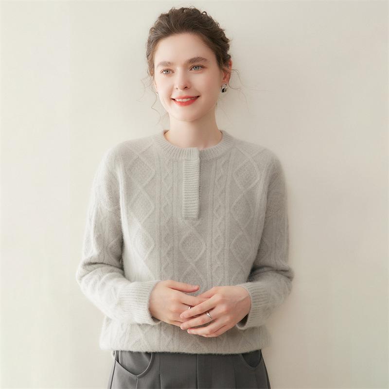 Women's Cashmere Cable Knit Sweater - Lazy Style, Solid Color, Long Sleeve