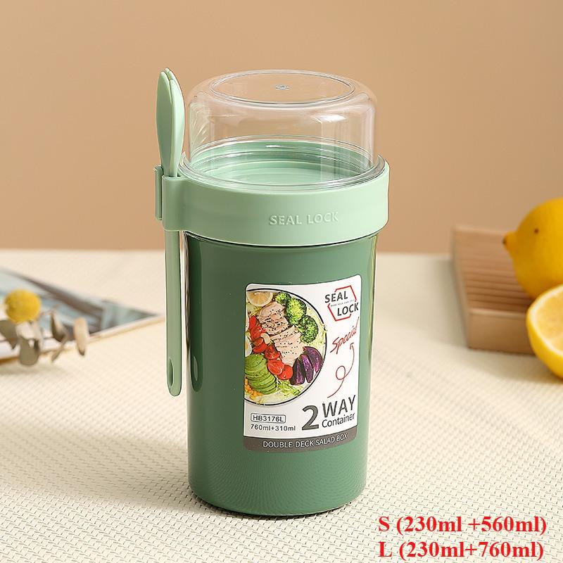 Bento Lunch Box Salad Oatmeal Breakfast Double Cup Cereal Nut Yogurt Container Set with Dressing Holder Fork Meal Preparation S зелёный
