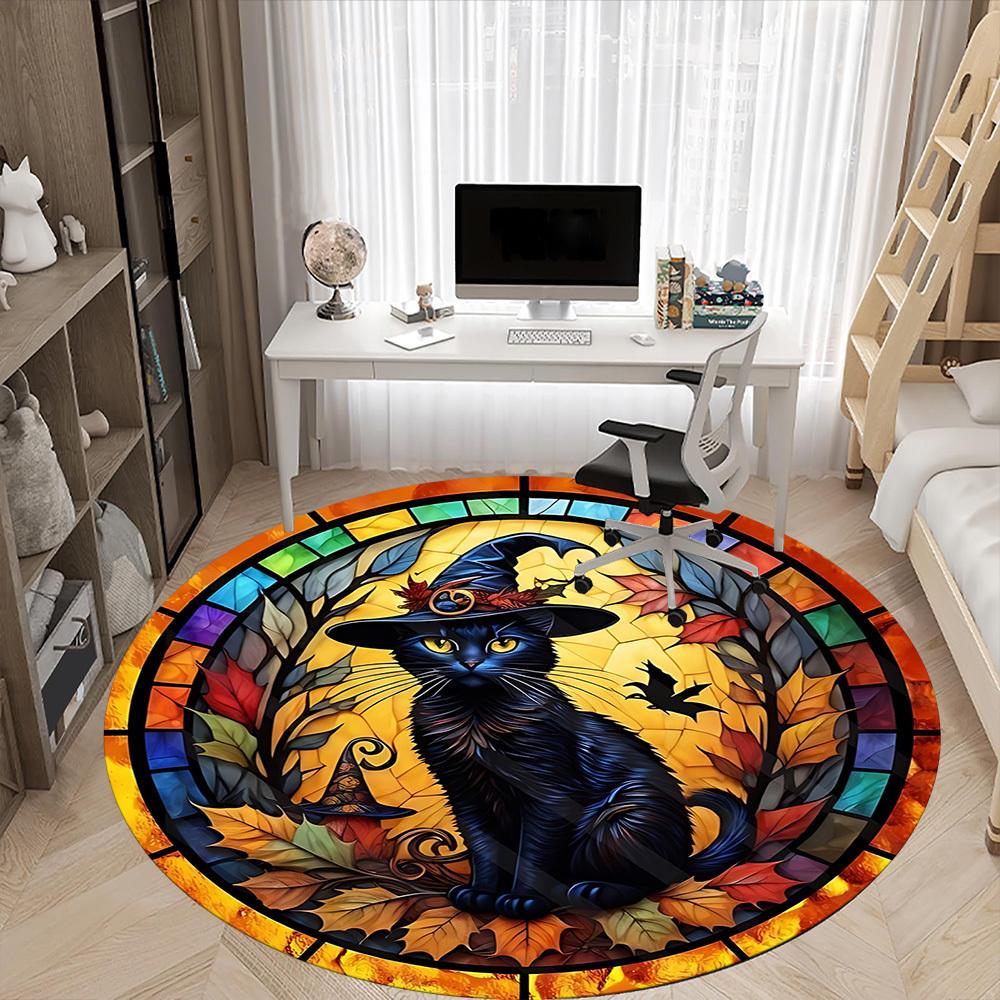 1pc Witch Cat Office Round Area Rug, Under Office Chairs Bedroom Living Room Home Decor, Room Deco, Available in Various Sizes