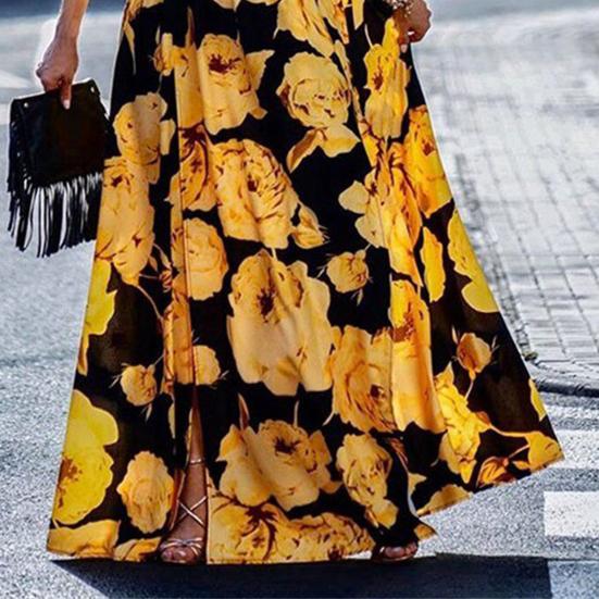 V-neck Waist Tight Split Hem Lady Dress Floral Print Sleeveless Sling Beach