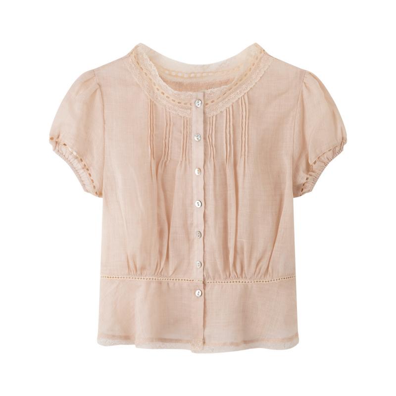 New Lace Spliced Puff Sleeve Chiffon Blouse for Women, Summer Tencel Ramie Short Top