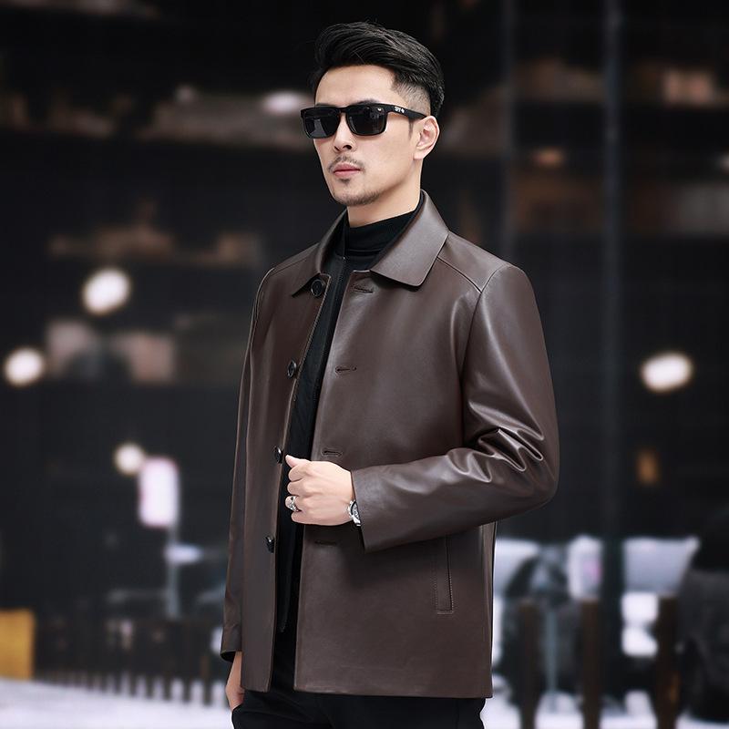 Men's genuine leather jacket autumn and winter new mid-length single-breasted sheepskin jacket for middle-aged and elderly people