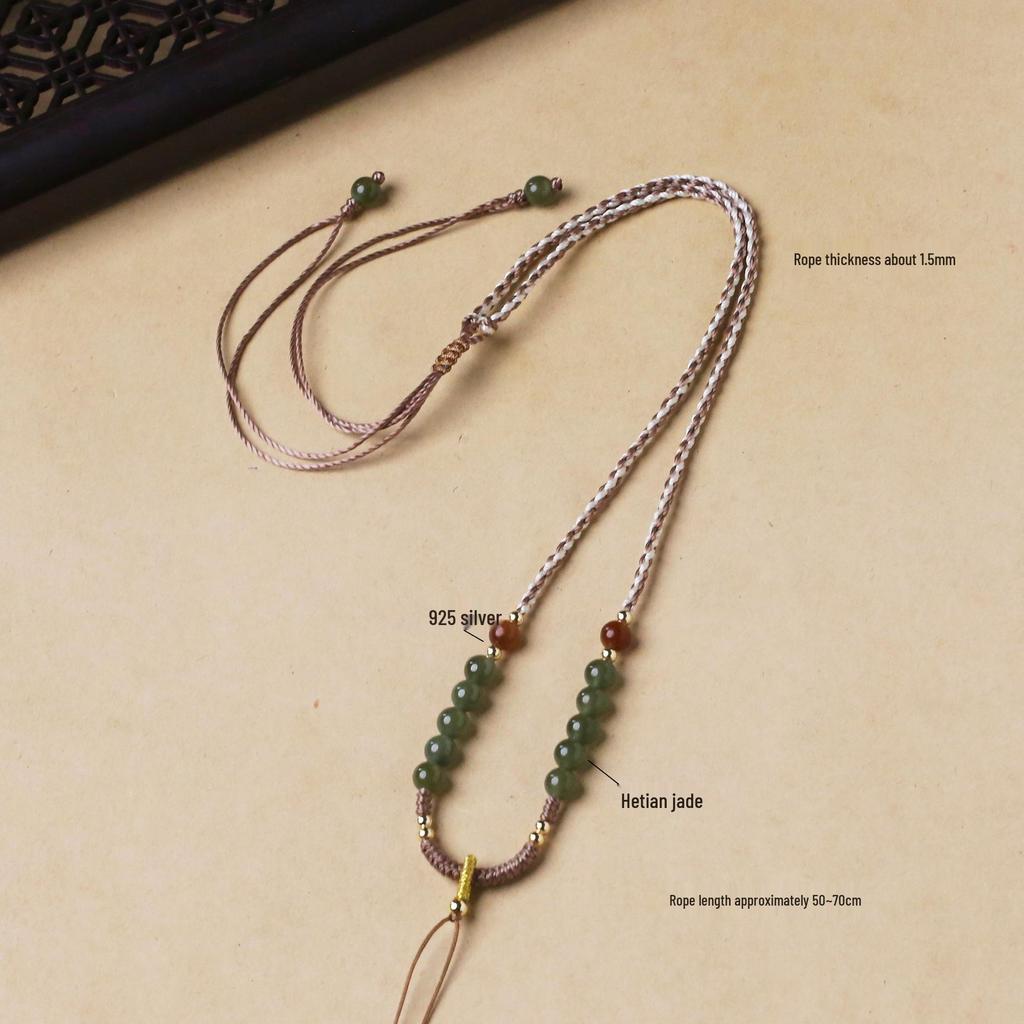 Classic Hand-Woven Hetian Jade Beaded Necklace with Adjustable Cord