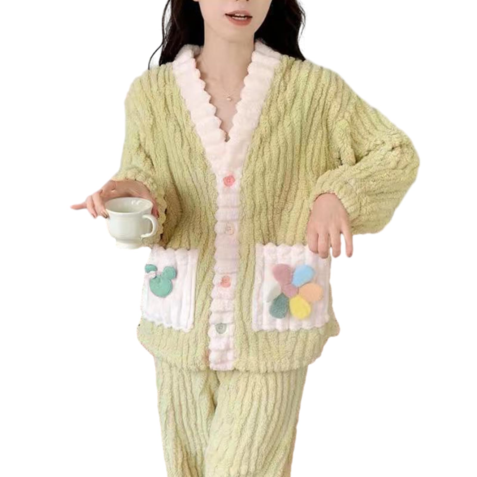 

GlamollaMisse Flannel Pajama Floral Print Top with Open Long and Long Pants with Elastic and Cute Pajama Set for Casual Perfect for and Women s Set,