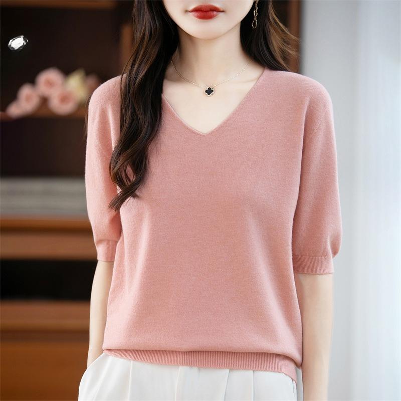 

В язана футболка з коротким рукавом для жінок Тонкий топ з V-подібним вирізом і рукавом до ліктя для літа та осені XXL рожевий