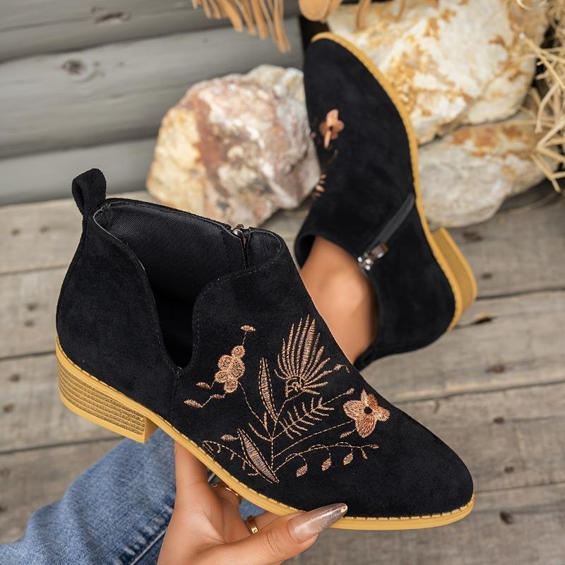 UMIK Women'S Vintage Embroidered Ankle Boots - Pointed Toe Low Heel with Side Zipper, Breathable Cut-Out Design, Lightweight Fabric Upper