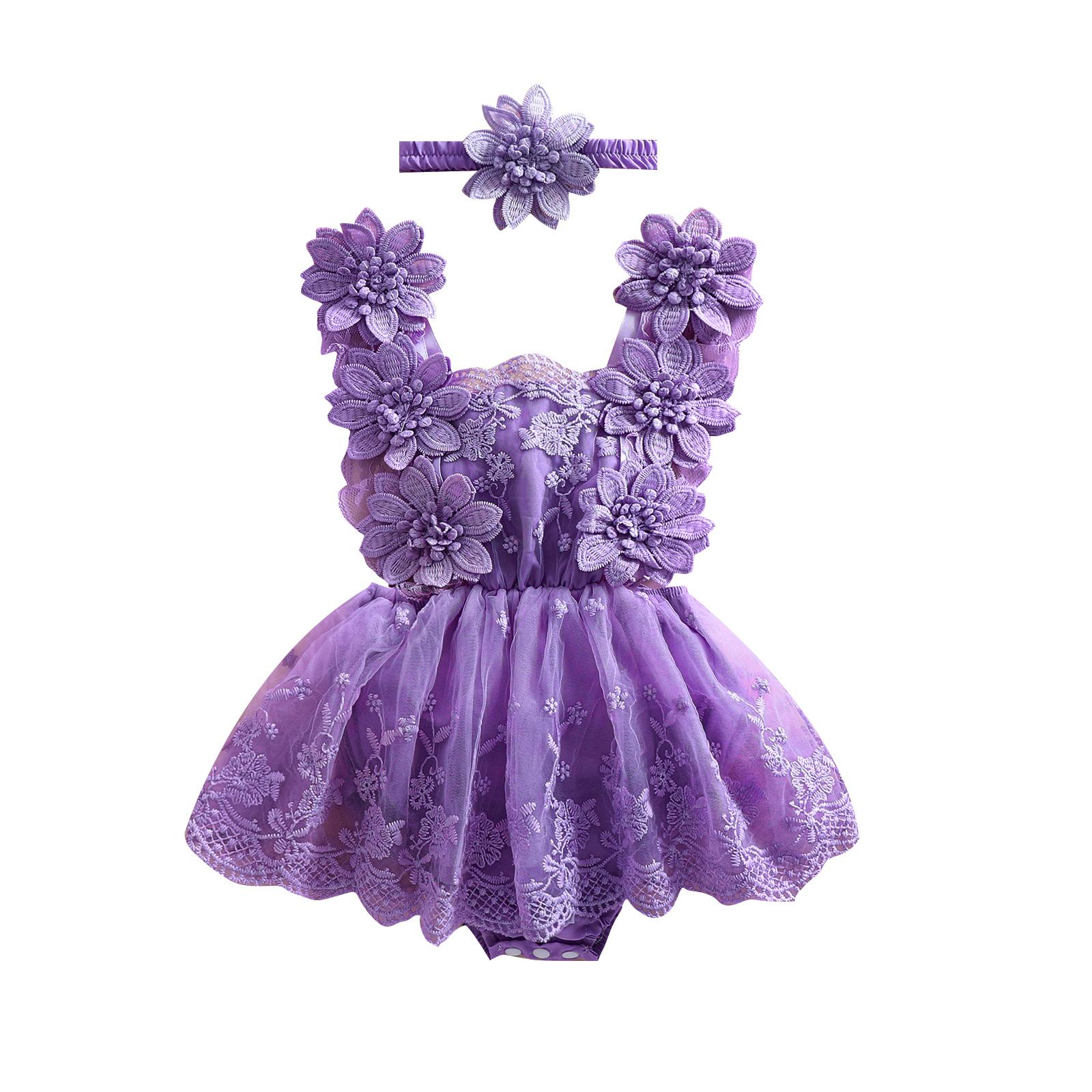 

Летний наряд для девочки, комбинезон с цветочной вышивкой, завязками, сетчатым платьем, бантом, повязкой на голову, комплект из 2 предметов 6-12 Months фиолетовый