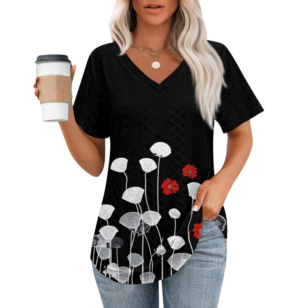 Womens T Shirts V Neck Short Sleeve Casual Tops Loose Fit Basic Tees With Curved Hem