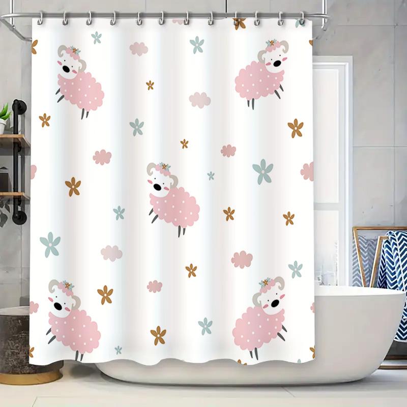 

Cute Sheep Design Shower Curtain Pink Floral Decor Bathroom Liner For Kids Room Waterproof Fabric With Rings Package W60H190(CM)-1 Pcs