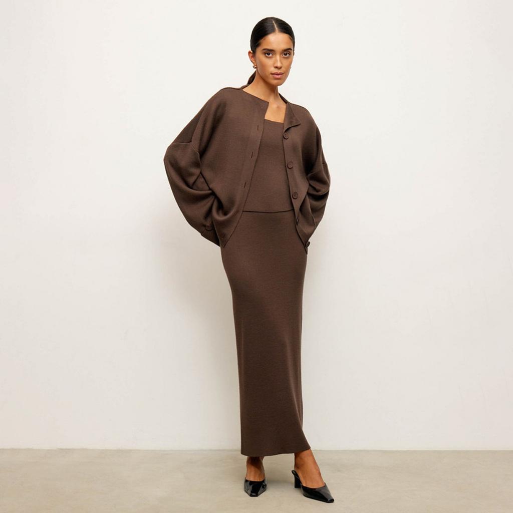 Autunno Inverno Donna Set 3 Pezzi Cardigan a Maglia + Top a Canotta + Gonna Midi Outfits Stile Europa e America