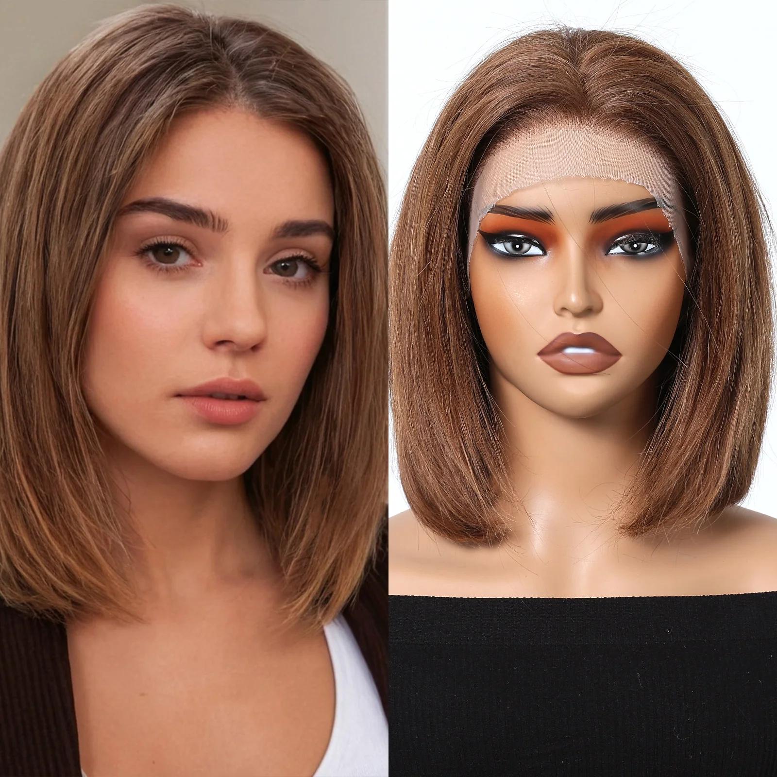 

HAIRCUBE Короткий боб, прямые человеческие волосы, кружевной фронтальный парик, коричневый, мелирование, блондинка, Remy, человеческие волосы, предварительно сорванный парик спереди, парик для женщин