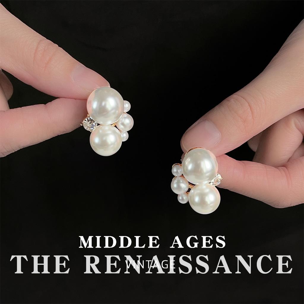 Retro exaggerated style pearl zircon earrings temperament French elegant earrings women