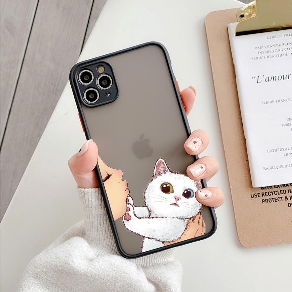 Cute Shockproof Translucent Matte Phone Case For Iphone 11 12 13 Pro Max Mini 7 Plus XR X S Cover Lovely Cat Kiss Refuse To Kiss