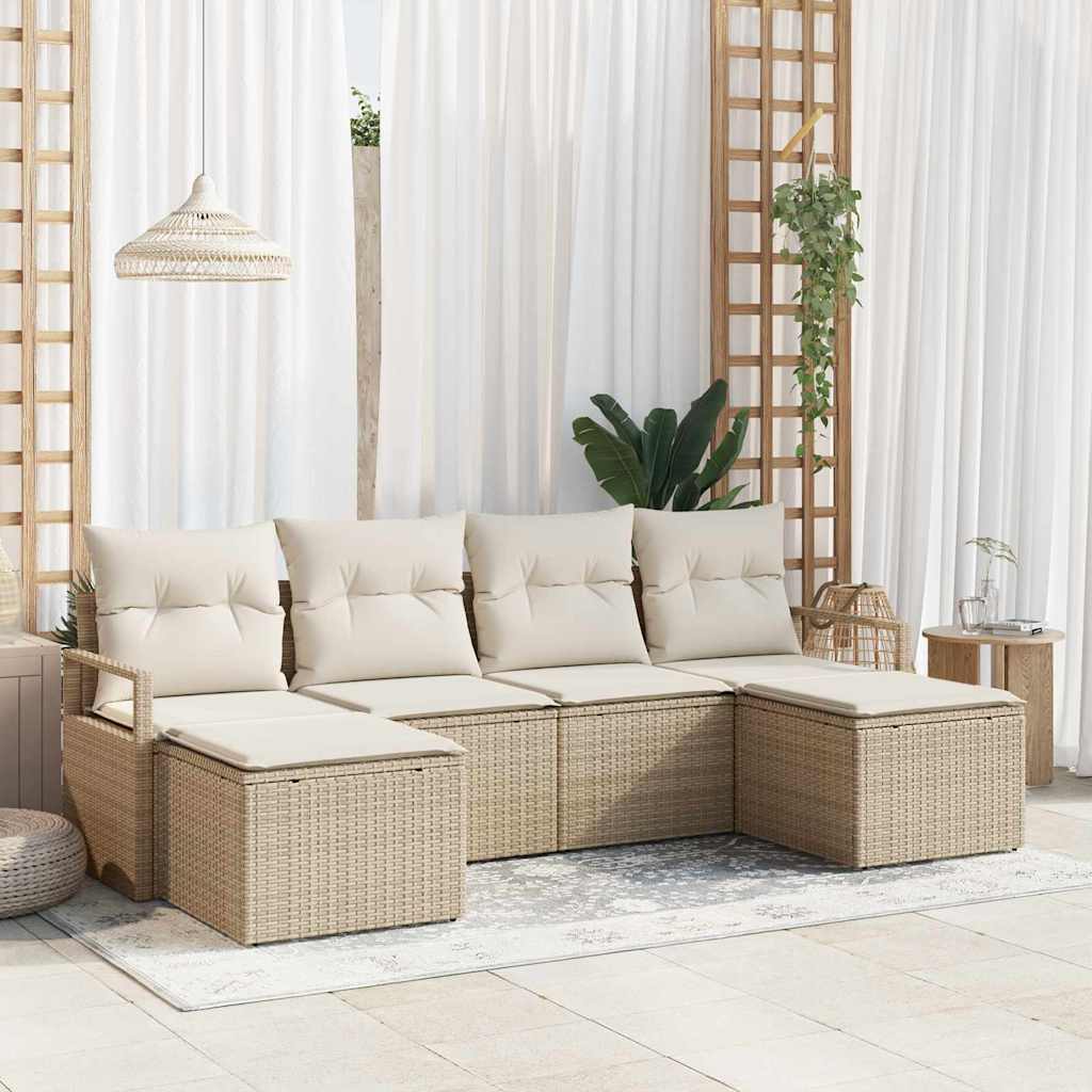 Sofa Set with Cushions 6 Pcs Beige Poly Rattan