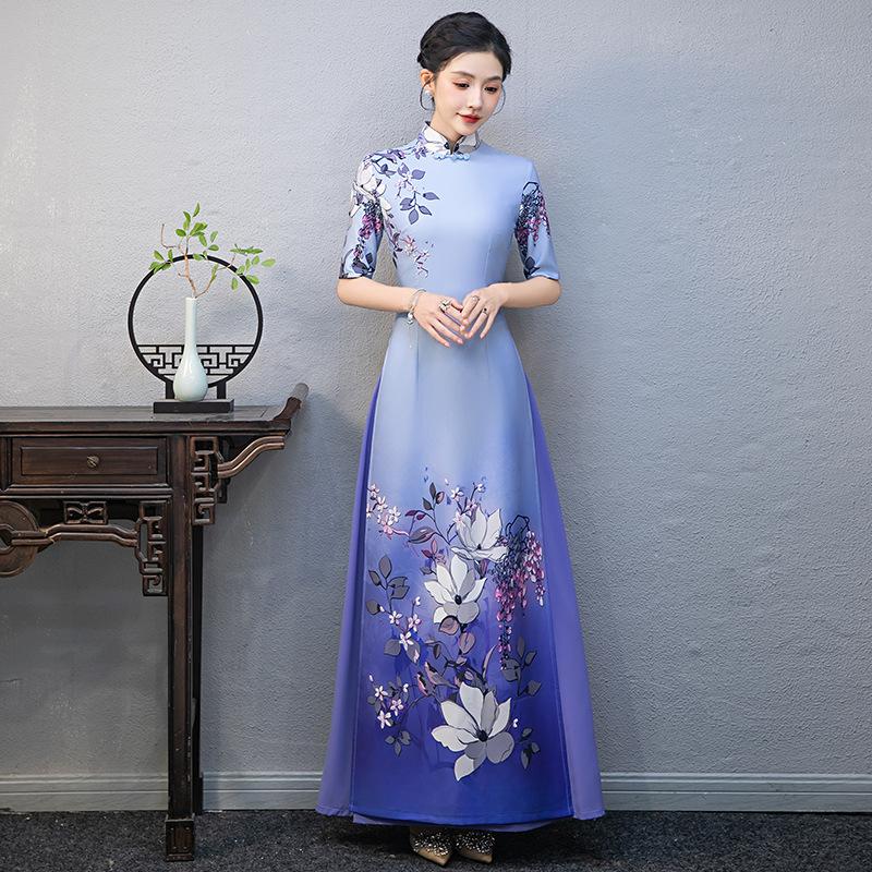 Improved version of Aodai catwalk cheongsam new long season young high-end stage etiquette performance dress