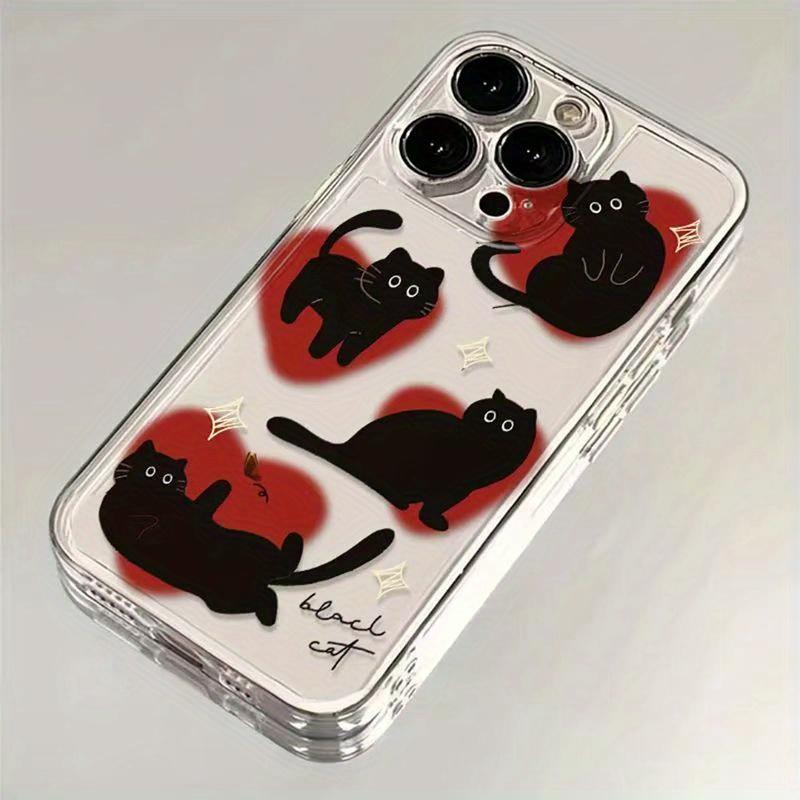 Red Heart Black Cat Phone Case for iPhone 17 16 15 14 Plus 13 12 11 Pro Max Clear TPU Protective Fashion Pet Pattern Cover
