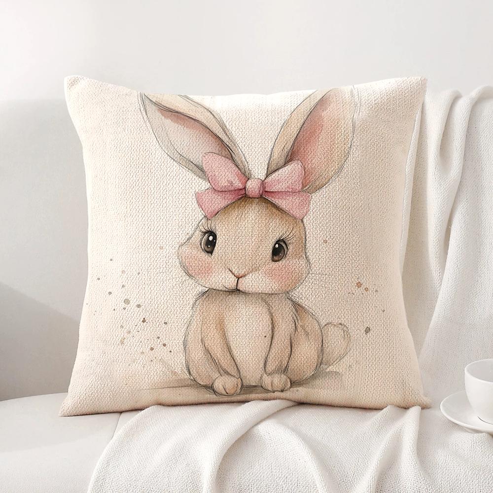 Retro Easter Bunny Cushion Cover Natural Linen Organic Fabric DoubleSided Printing Sofa Home Decor Gift Pillow Cover