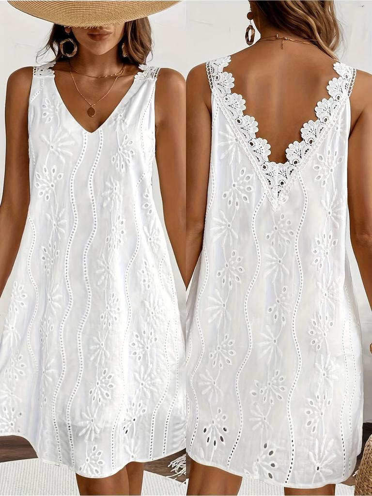Abito Bianco Senza Maniche con Scollo a V in Pizzo Stile Europeo Schiena Scoperta per Vacanze Estive al Mare 2026