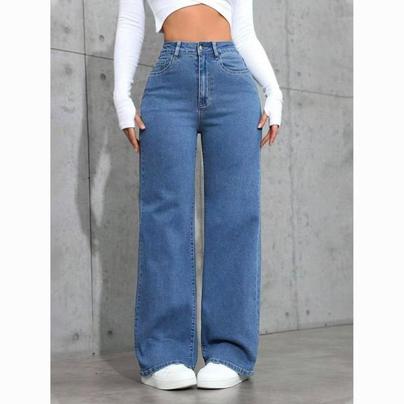Damen Lockere Gerade Weite Jeans Hohe Taille Baumwolle Denim Hosen Streetwear Mode