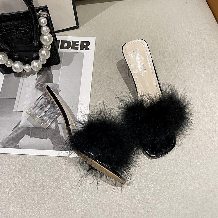 [Youshilai] 2025 Summer New Crystal and Transparent Cool Slippers Women's Fluffy Slippers Simple and Generous