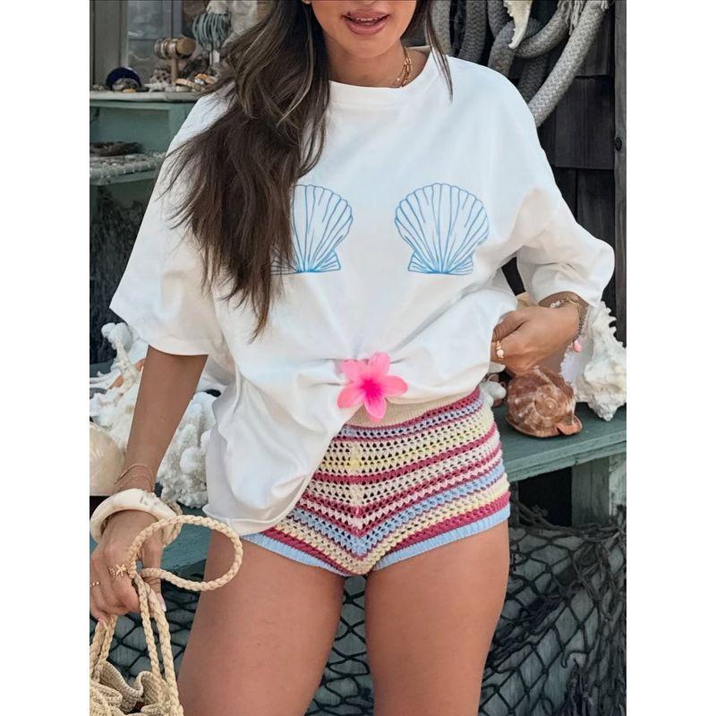 

American Retro Vintage Stylish Niche Style Shell Print Fashion Sexy Sweet Cool Loose Short Sleeve T-Shirt Female Fashion White S