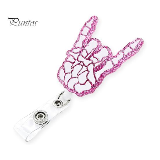 

Забавный зажим для удостоверения личности на катушке с милым мультяшным кулоном Розовый череп Жест любви к тебе Акриловый легко вытягиваемый держатель бейджа с пряжкой для рабочей карточки студента розовый