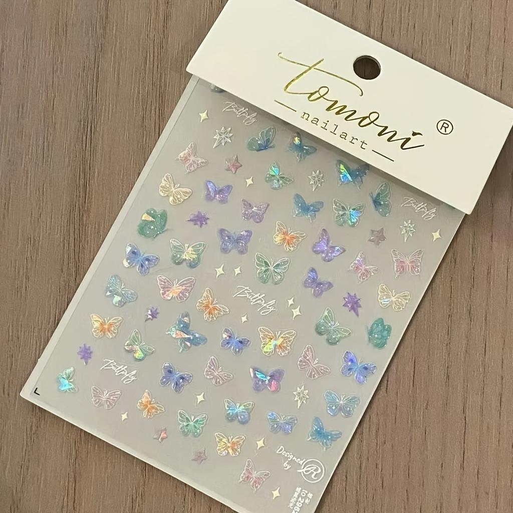Iridescent Butterfly Nail Sticker, 1pc Glittering Decal For Nails, Self-Adhesive, One-Time Use, Animal Pattern