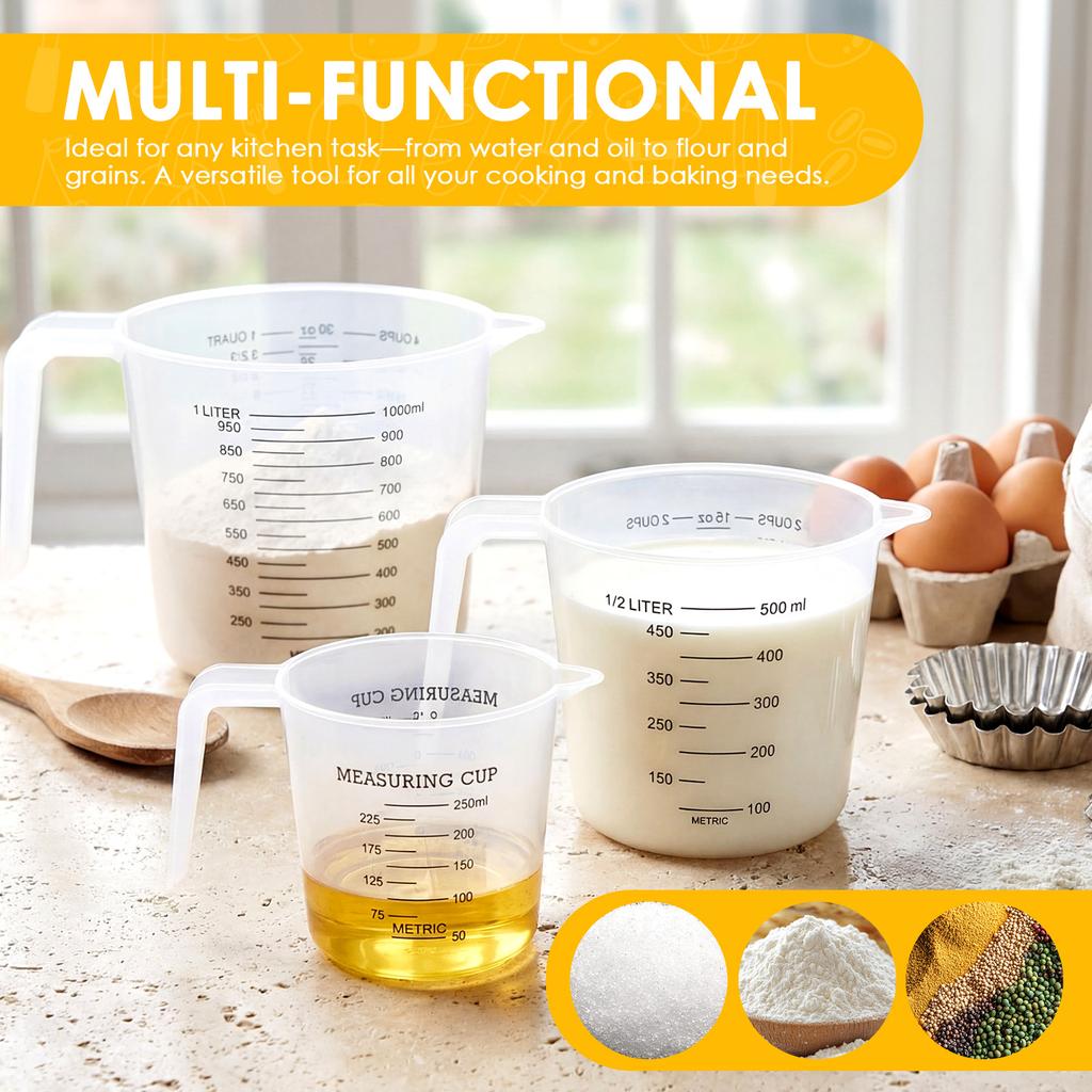 3Pcs 250/500/1000ml Measuring Cup with Handle & Scale Clear Heat-Resistant V Shaped Spout Kitchen Plastic Cooking Volume Baking