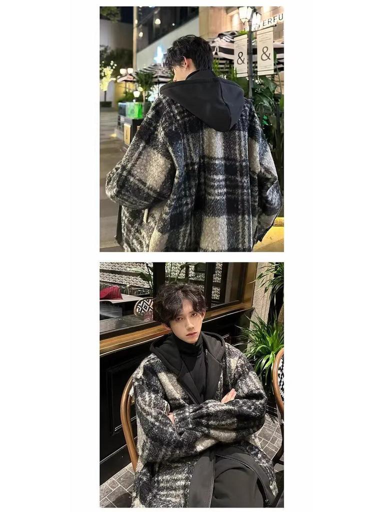 Men's Retro Plaid Patchwork Wool Hooded Jacket - Double-Sided, Thickened Outerwear for Autumn/Winter
