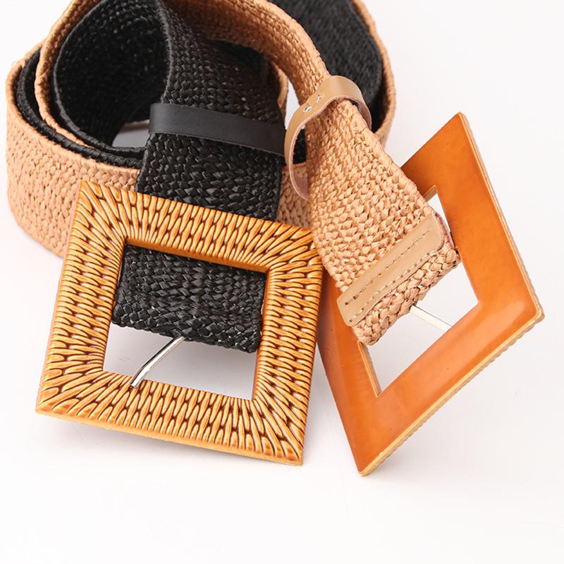 Women's Wide Round Buckle Elastic Belt - Cotton & Linen, Straw Style, Mori Girl Fashion.