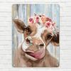 1PC Cow With Flower Crown Tin Sign, Rustic Vintage Farmhouse Wall Art, Cute Farm Animal Metal Decor for Living Room Kitchen Dining