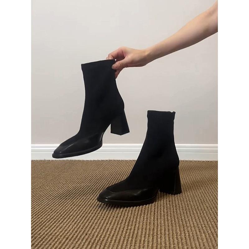Cowhide version~ Stylish and simple retro thin high-heeled elastic boots women's rear zipper square head leather splicing thin boots