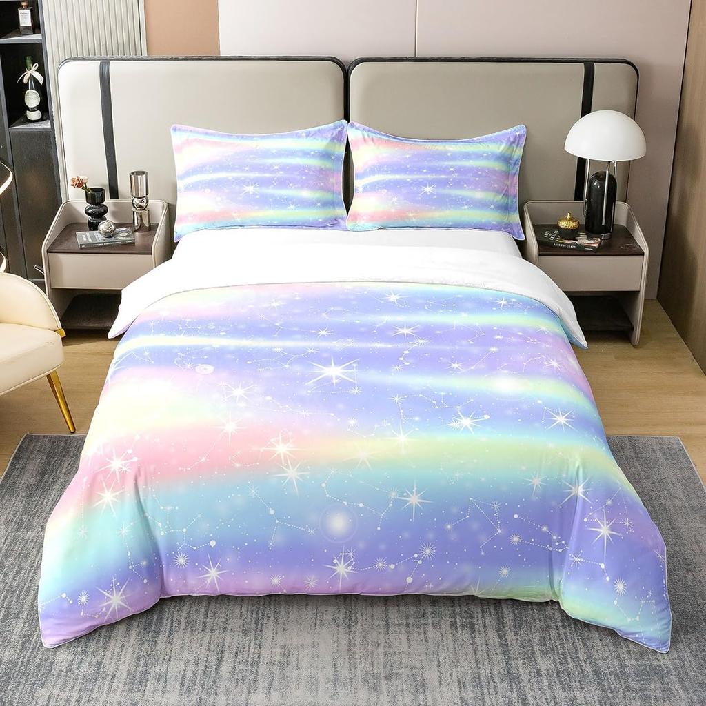 Rainbow Duvet Cover Single Galaxy Bedding Set For Boys Girls Decor Outer Space Comforter Cover Colorful Sun Moon Comforter Cover