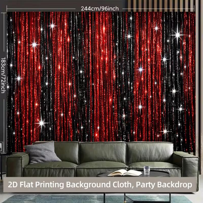 2D Printed Backdrop with Red and Black Glitter Strands and Star Sparkles