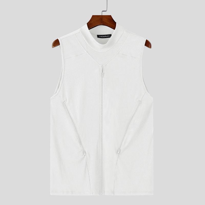 

INCERUN Летние мужские топы-майки в рубчик без рукавов с высоким воротом и застежкой-молнией, приталенные футболки-борцовки 3XL белый
