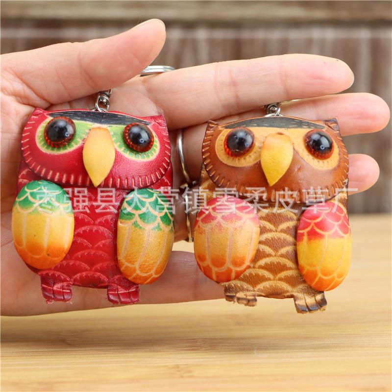 First Layer Cowhide Creative Keychain Owl Pendant Bag Pendant Colorful Owl Mini Keychain Pendant