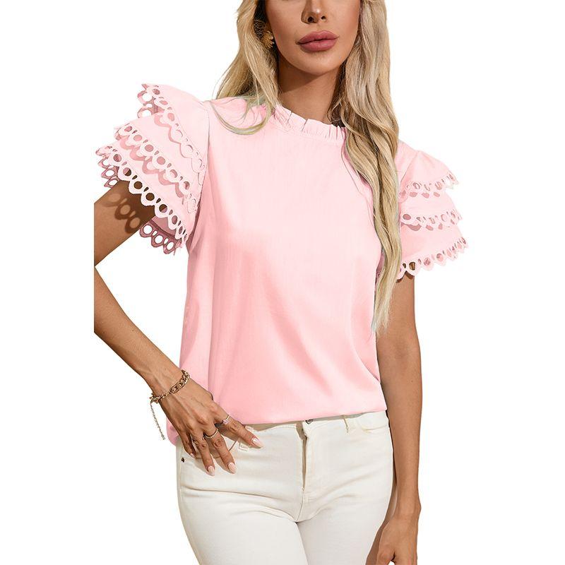 

Summer New Arrival Pure Color round Neck Pullover Short Sleeve Shirt Women s Fashion Thin Casual Loose Slim Fit Chiffon Blouses for Women Pink P1010 Size L fit (62.50 kg-70.00 kg