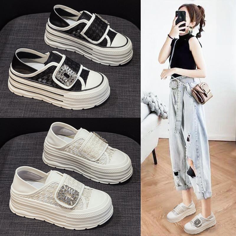 Leather platform mesh shoes women's new spring women's shoes versatile sports shoes spring height increase casual
